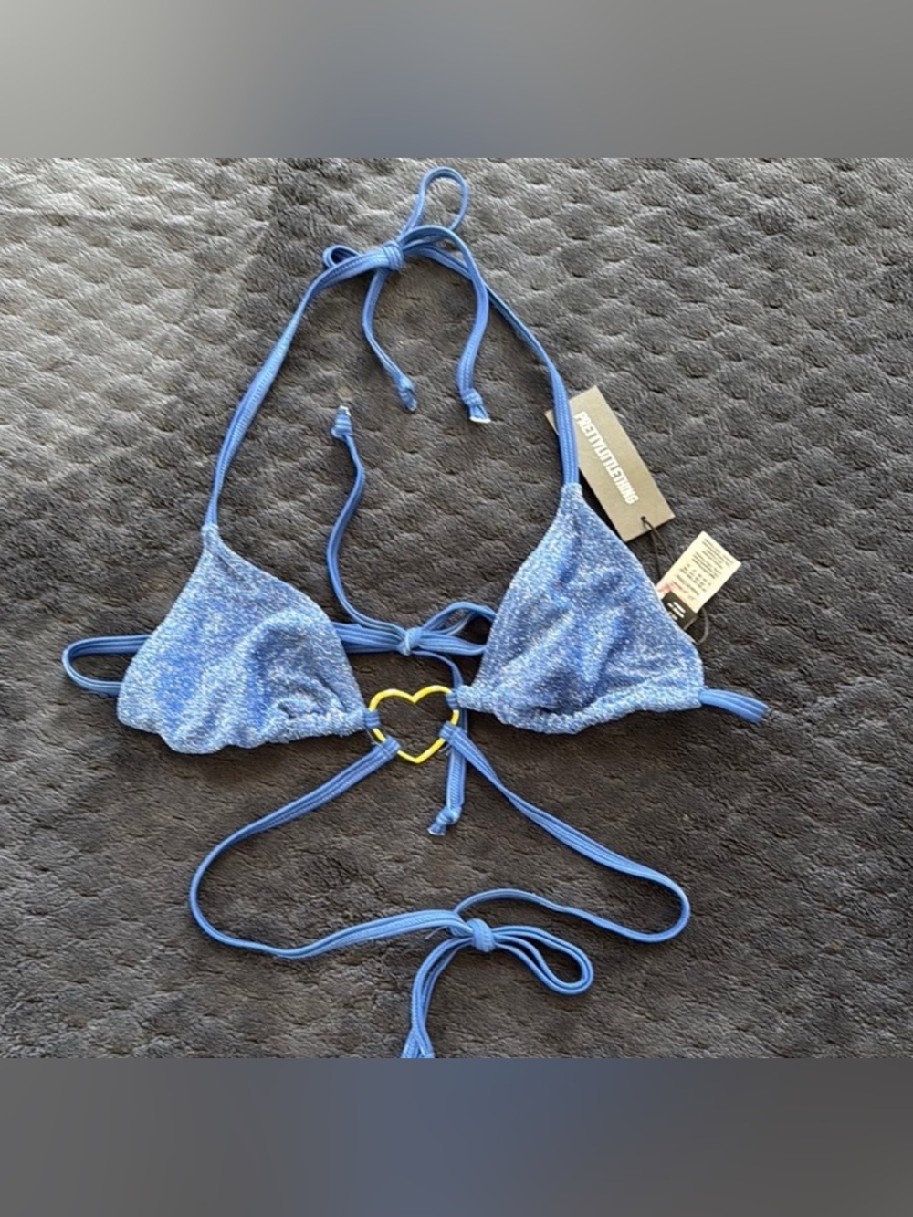 PrettyLittleThing Blue Triangle Bikini Top with Gold Heart Accent Size 2 NWT